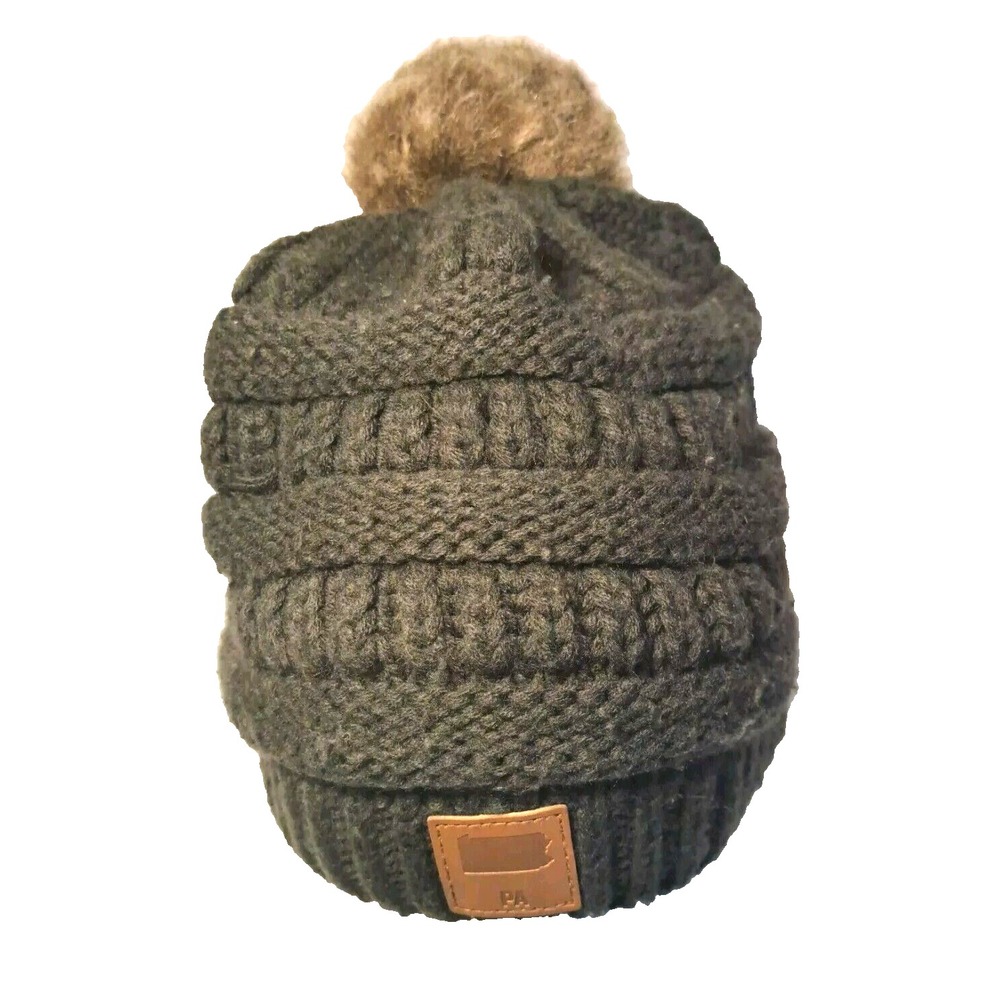Knit Faux Fur‎ Pom Pom Beanie Hat Pennsylvania Patch Adult Unisex One Sz Gray